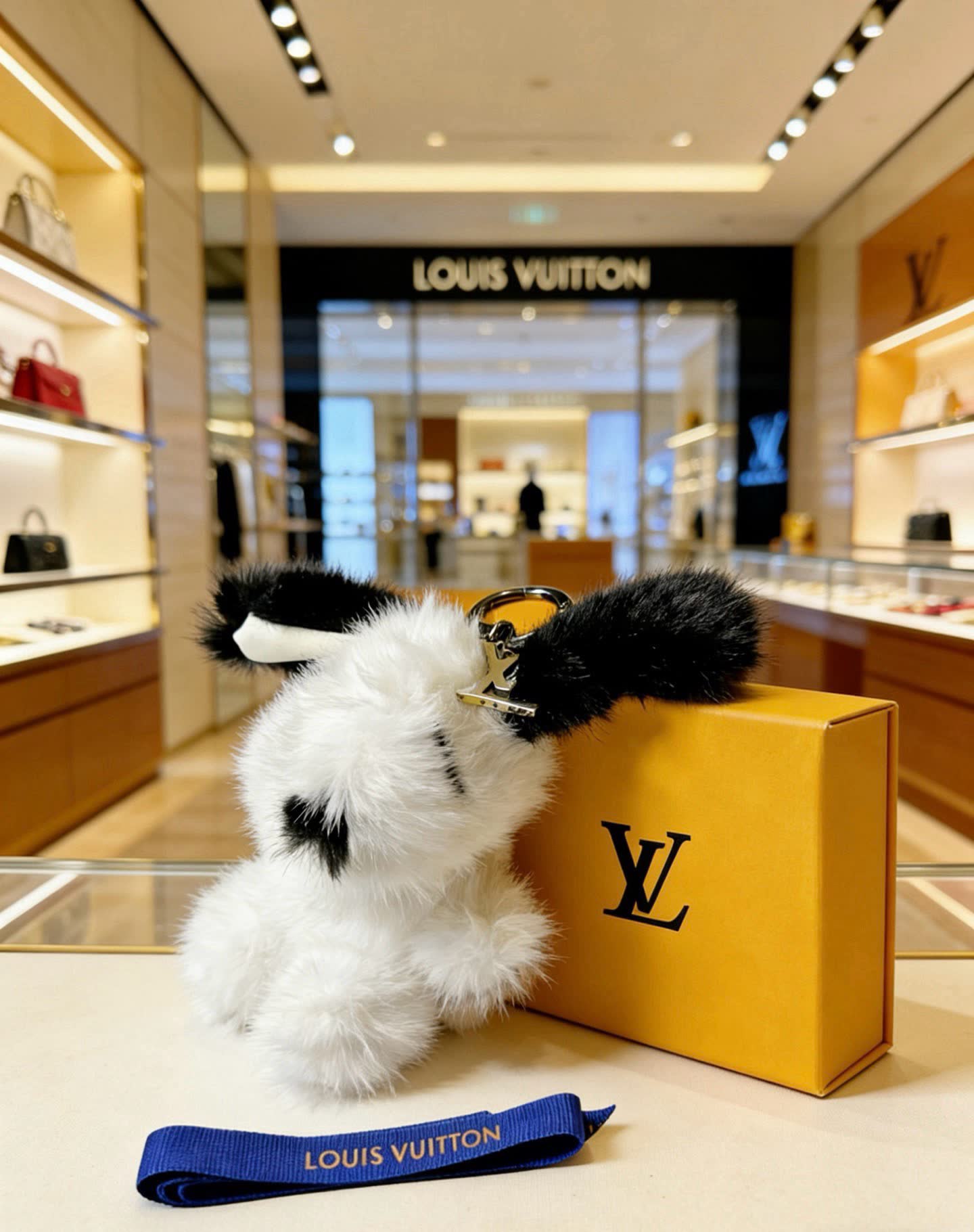 Louis Vuitton White and Black Furry Keychain